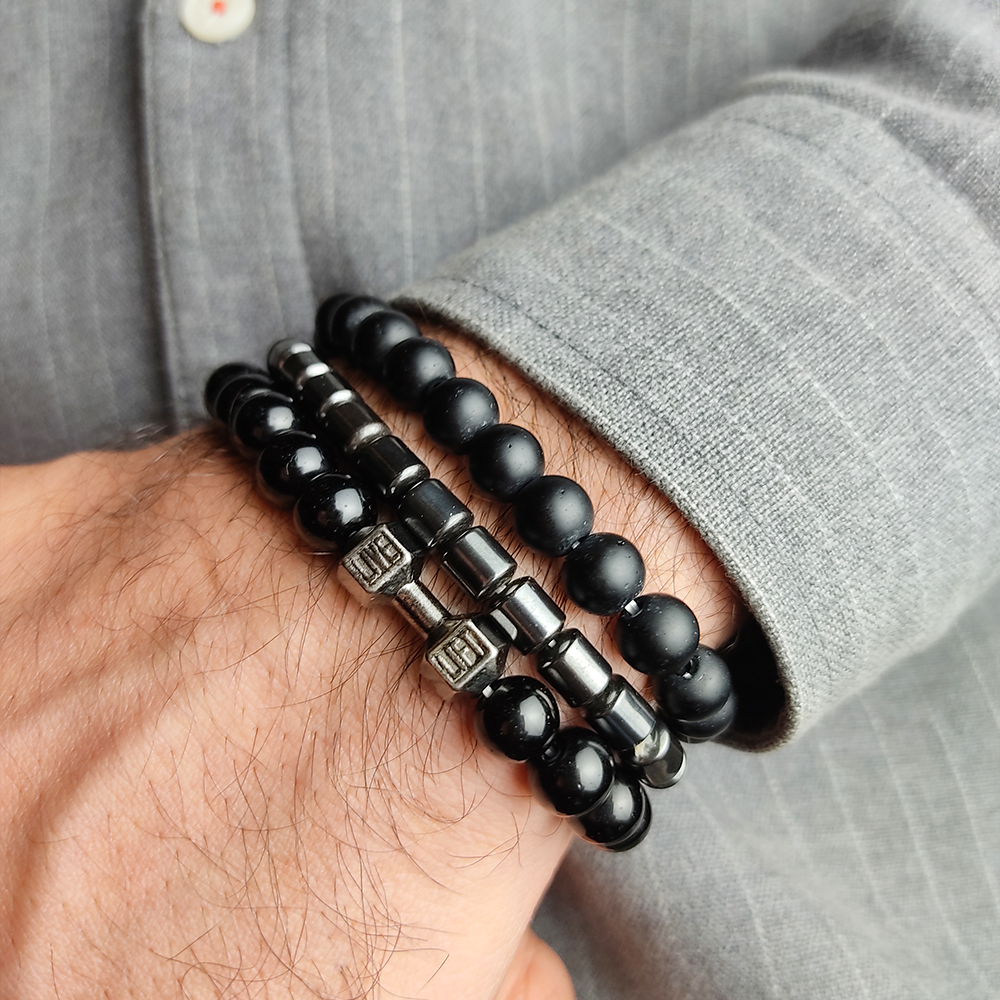 Pack of 3 Men Fashion Jewelry Bead Bracelet Oval Shape Black Hematite Bracelet